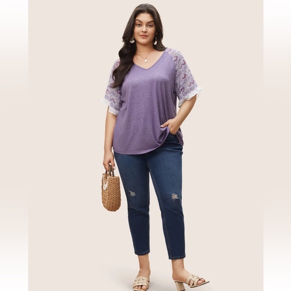 BloomChic Ditsy Floral Patchwork Frill Trim Raglan Sleeve T-shirt size 12 - Picture 6 of 7